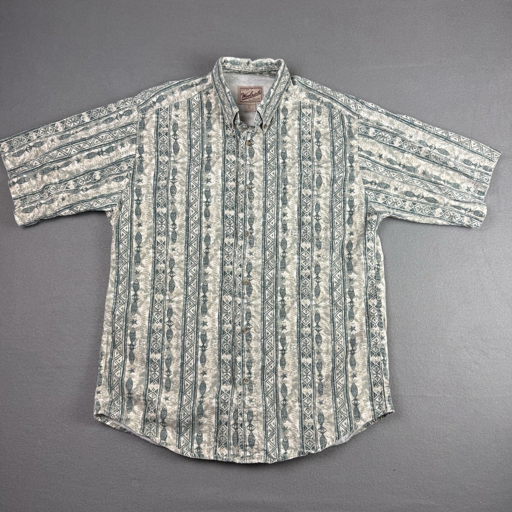 Vintage‎ Woolrich Button Up Shirt Mens Medium 90s Short Sleeve Fish Print Green